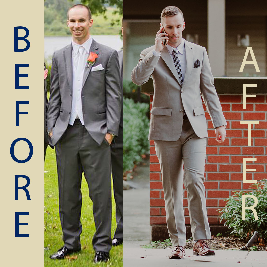 A before and after of a man in a light grey rental suit versus a custom light grey men's suit from Cardero Clothing in Langley