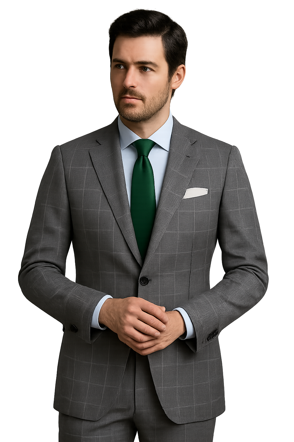 A man in a grey windowpane suit, light blue dress shirt and pocket square with a deep green tie.