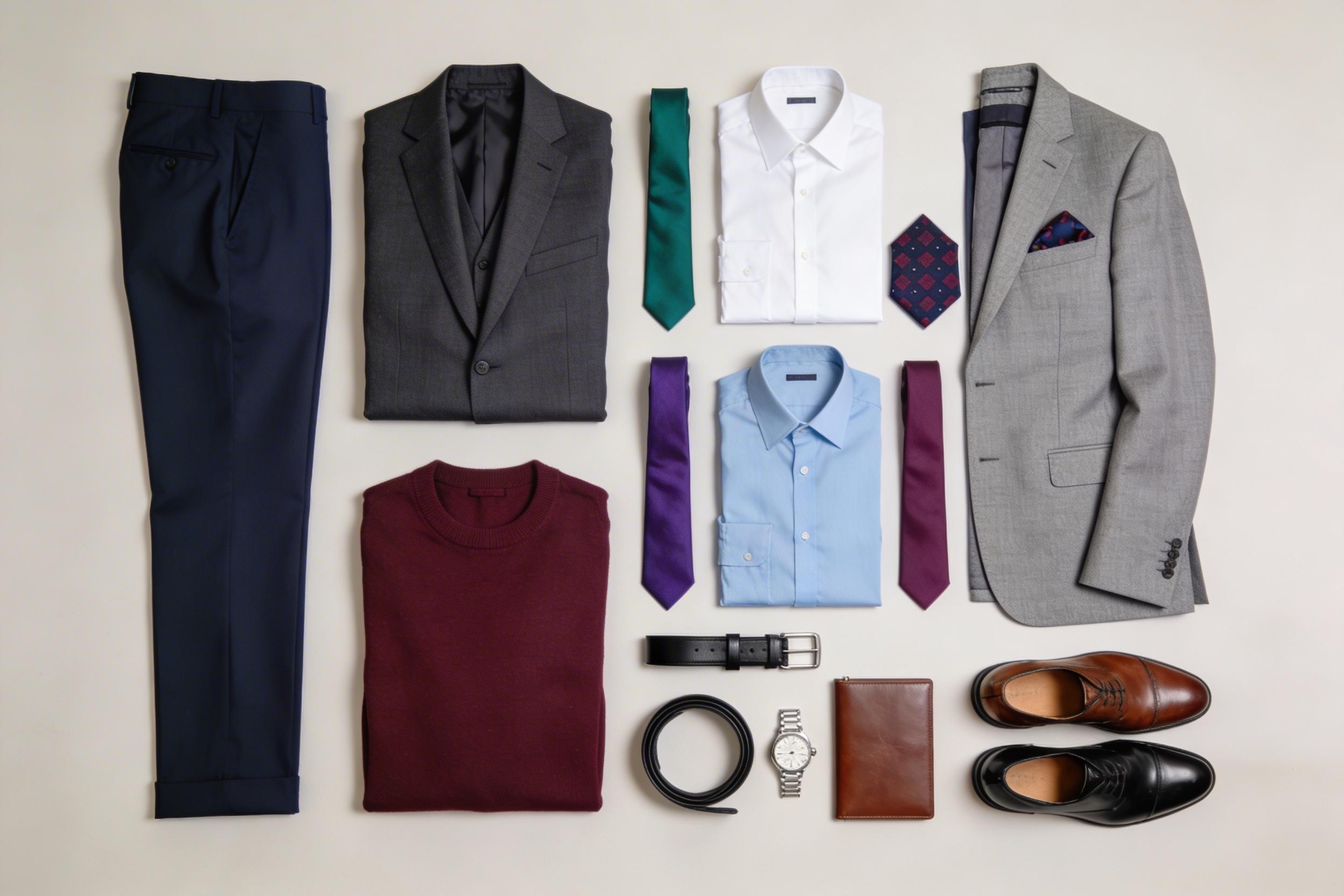 A proper men's capsule wardrobe complete with suits, dress pants, sport coats, dress shirts, ties and pocket squares