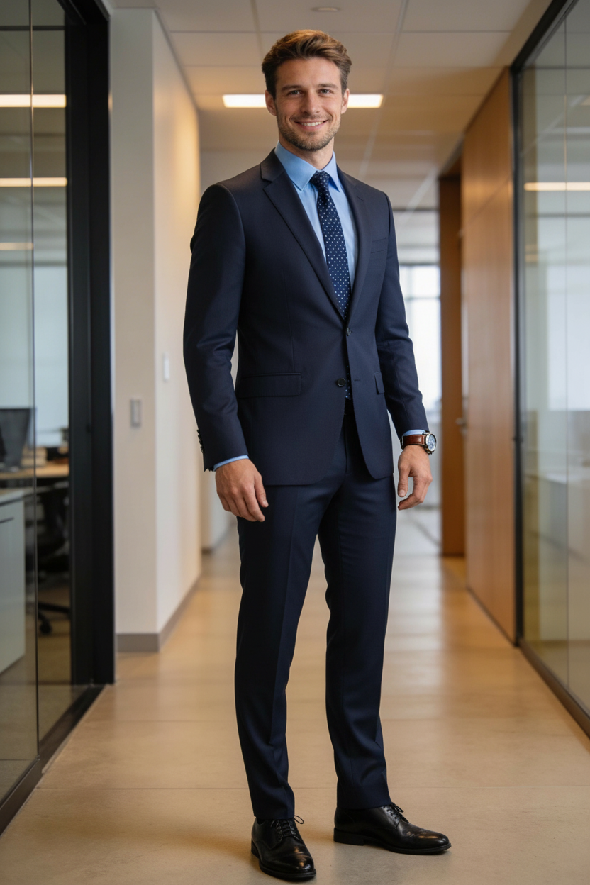 A man in a custom men's navy suit with a white dress shirt, pocket square and tie