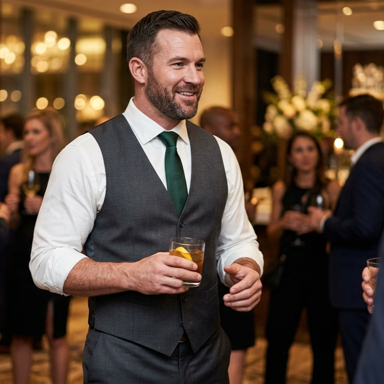 A man as a guest at a wedding holding a drink and wearing a custom men's vest and dress pants from Cardero Clothing