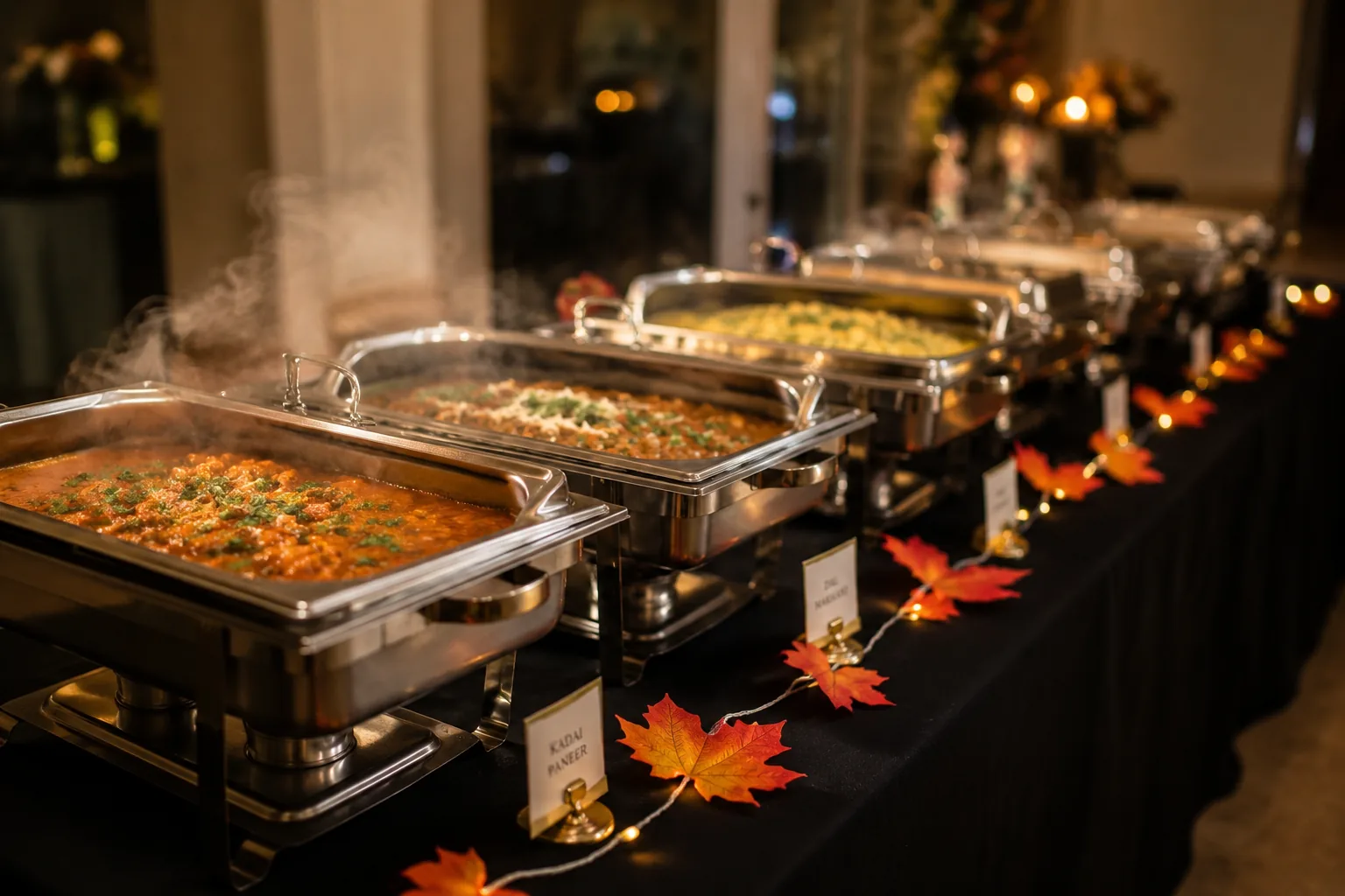 Long buffet line of polished silver chafers.