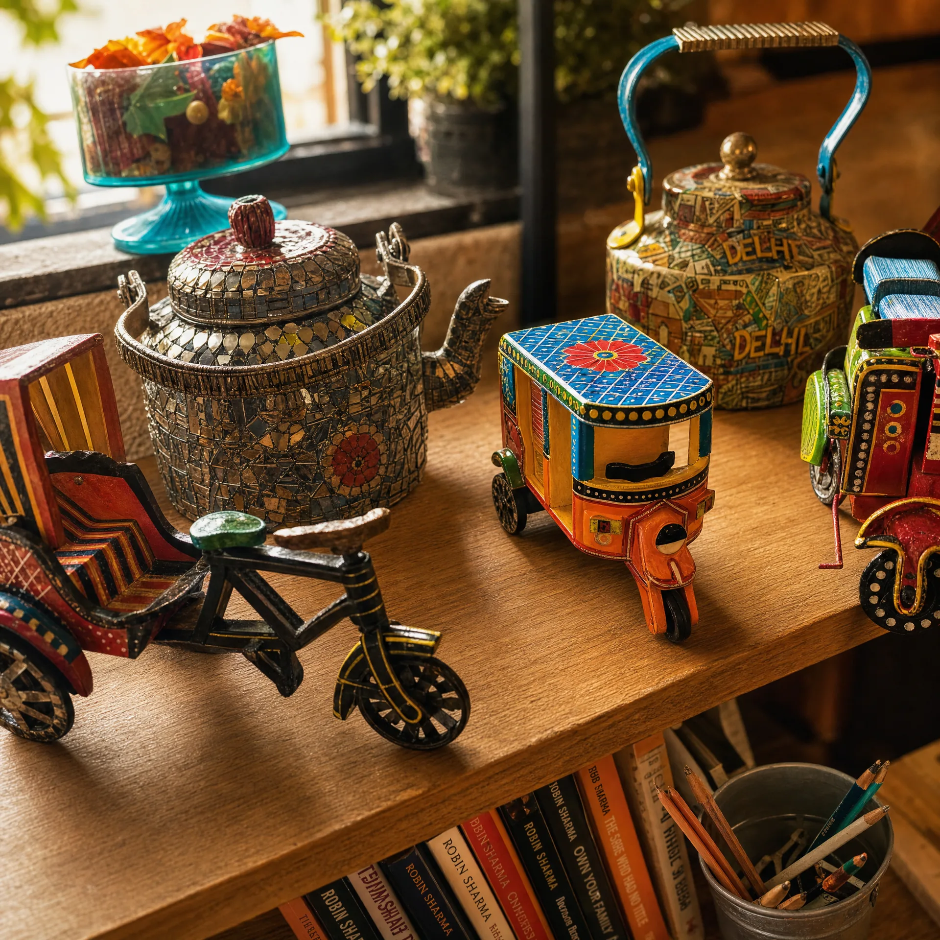 Hand-painted Indian kettle and rickshaw decor inside 7 Monks Cafe New Braunfels
