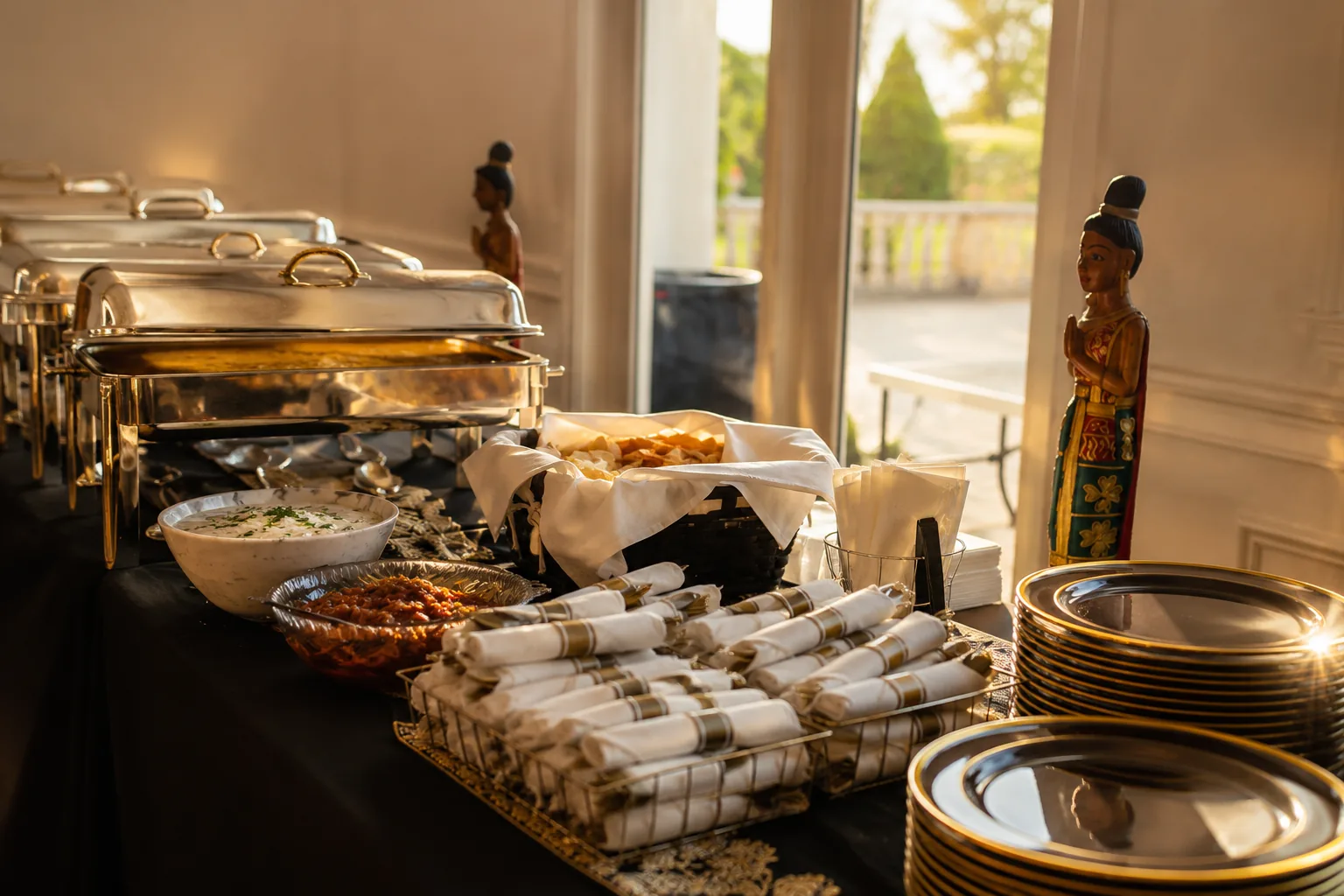 Silver chafer, gold-rim plates, wrapped silverware.
