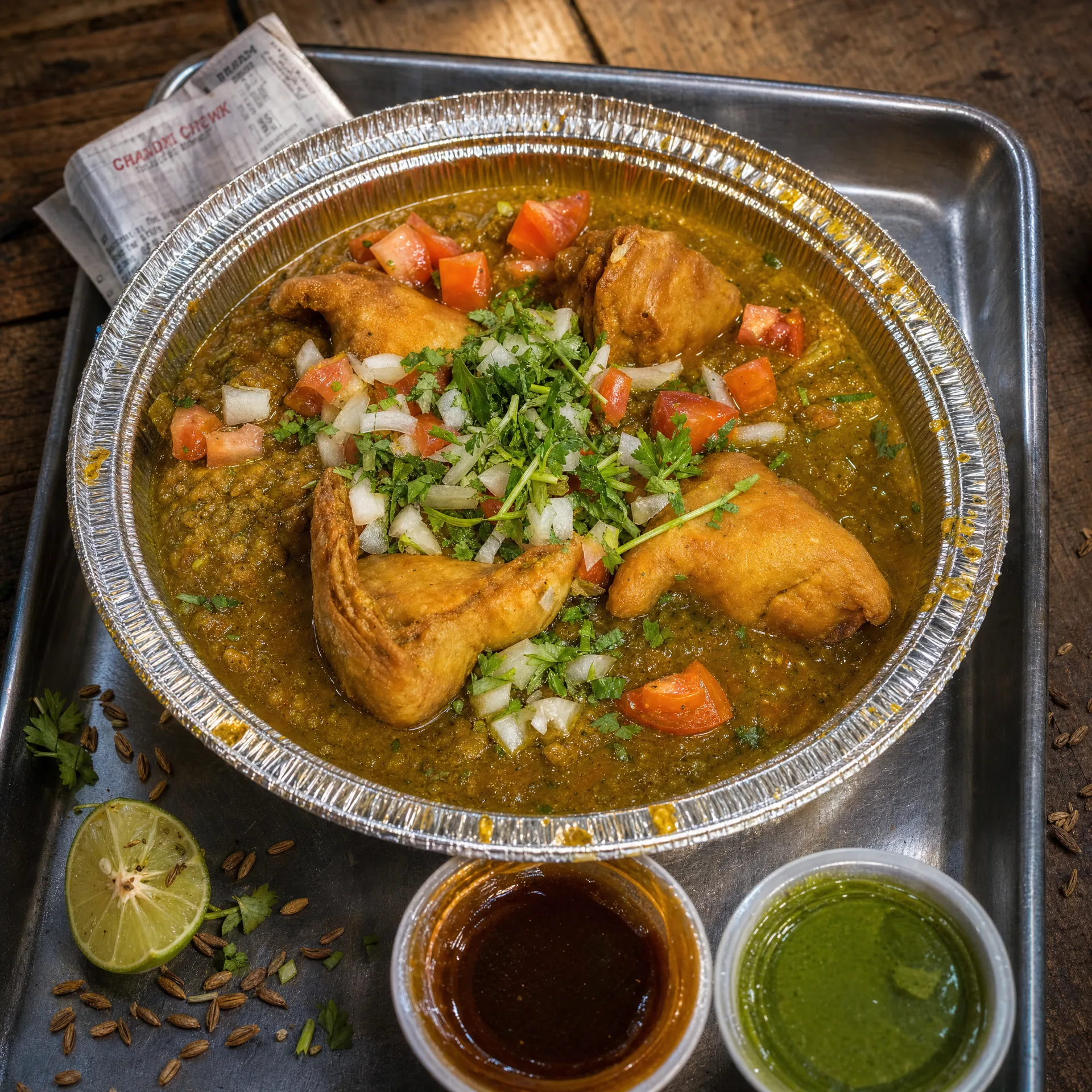 Samosa chaat with tamarind and mint chutneys at 7 Monks Cafe