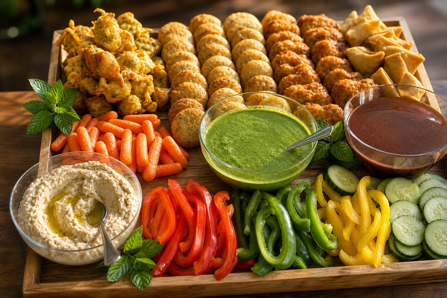 Crudités board: pakoras, kebabs, hummus, chutneys.