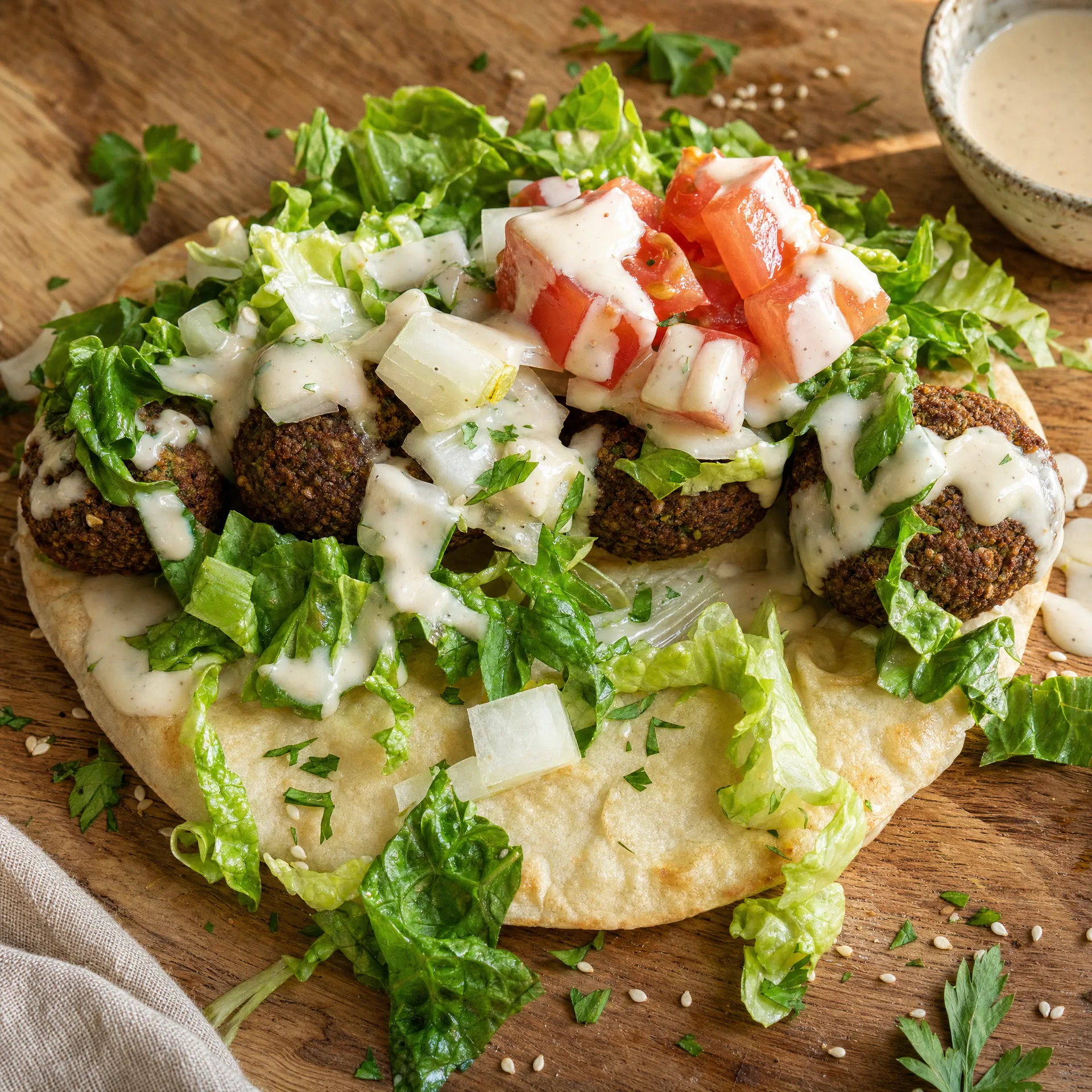 Falafel pita with lettuce, tomato, and tahini at 7 Monks Cafe