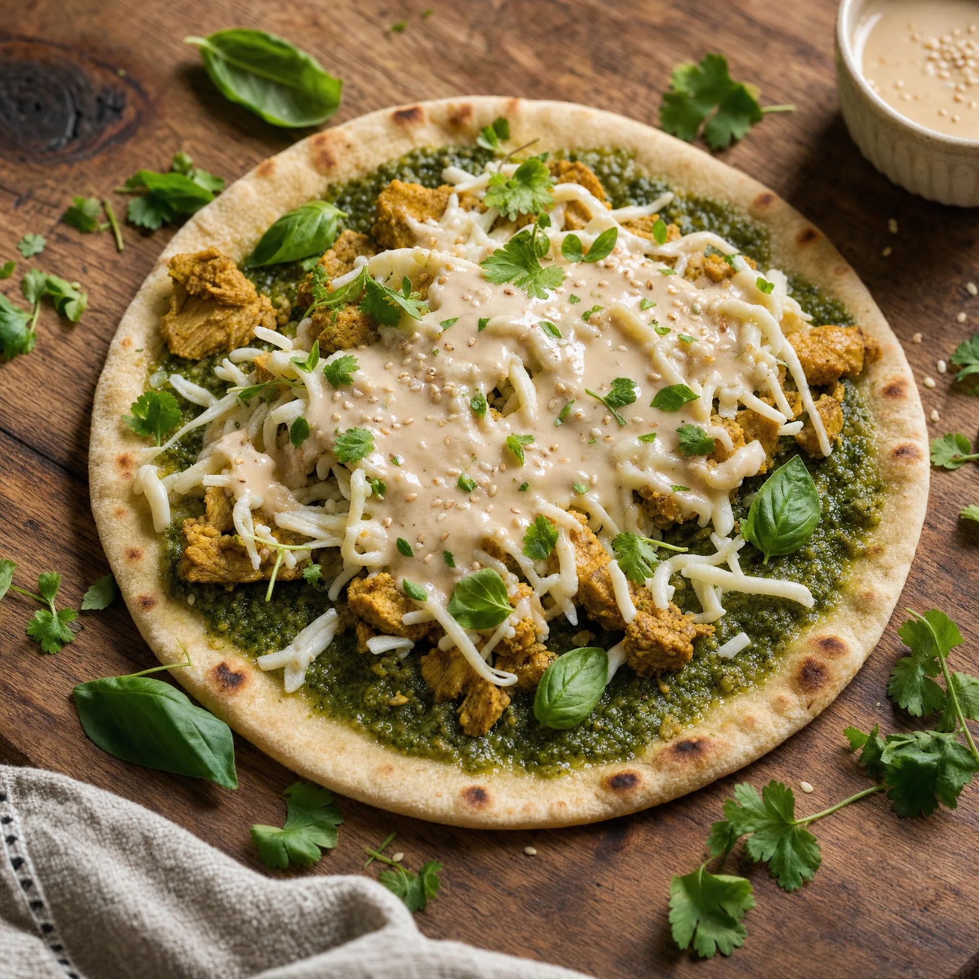 Naan flatbread with chicken tikka, pesto, and tahini drizzle at 7 Monks Cafe
