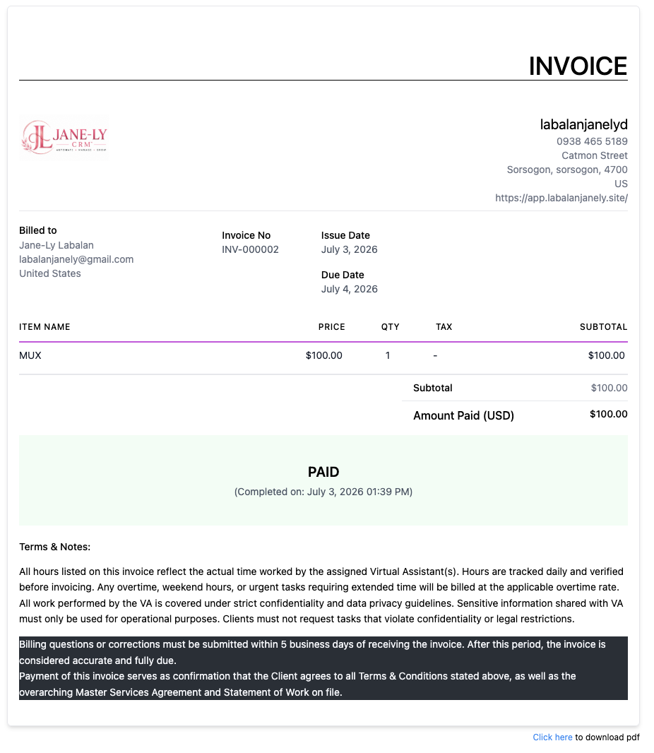 Sample of Invoice