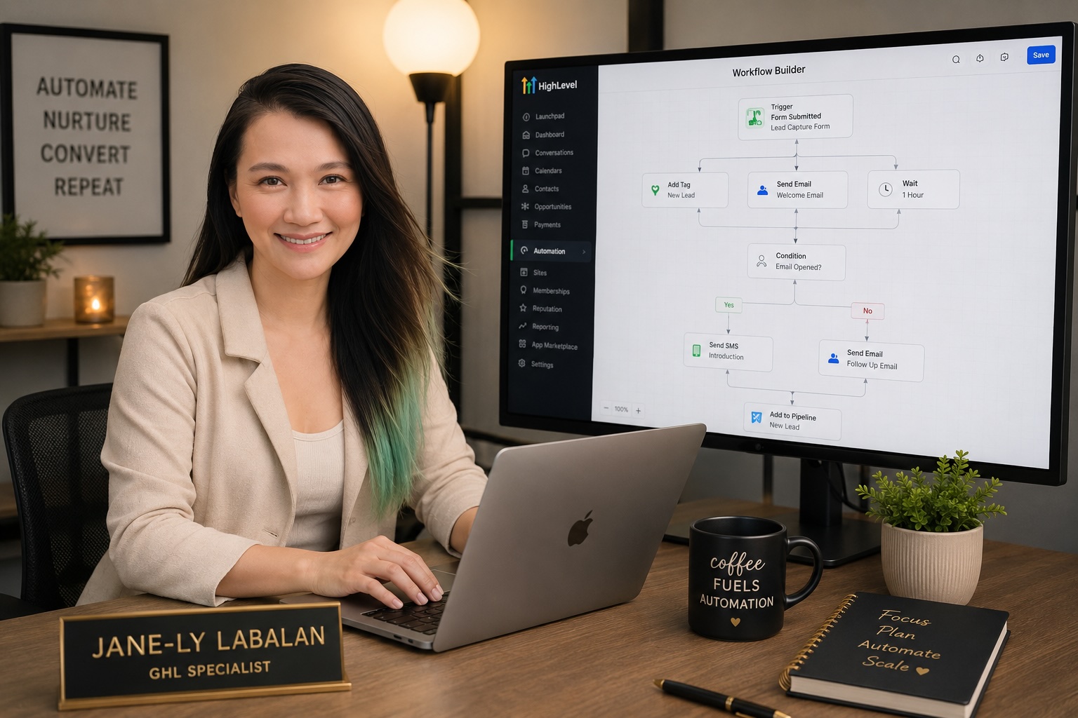 Jane-Ly Labalan working on a GoHighLevel automation workflow
