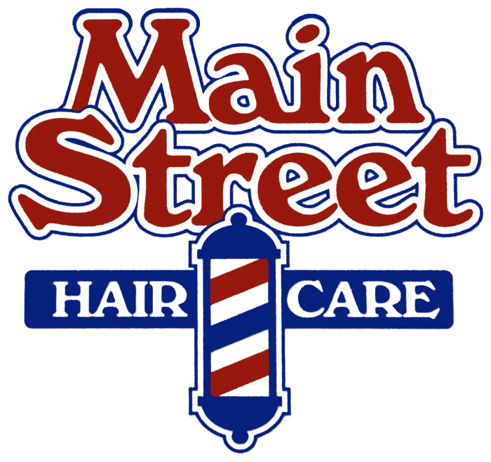 Main Street Hair Care logo, red, white, and navy with a barber pole