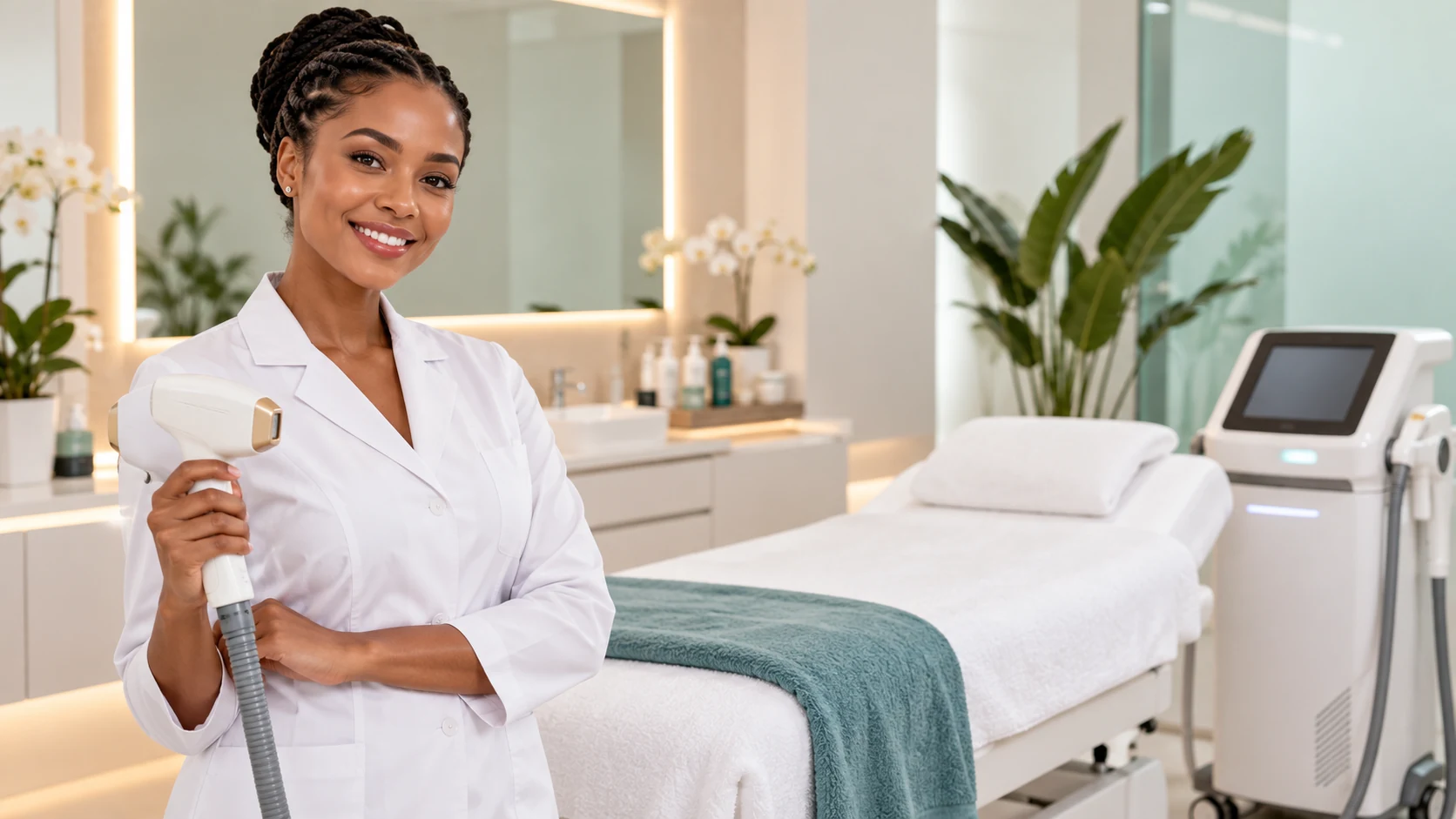 Kenyan beauty professional in a treatment room with diode laser equipment