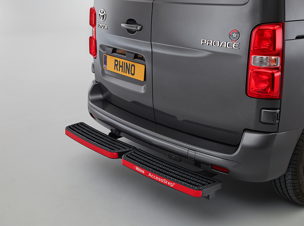 Rhino rear step fitted below the back doors of a van