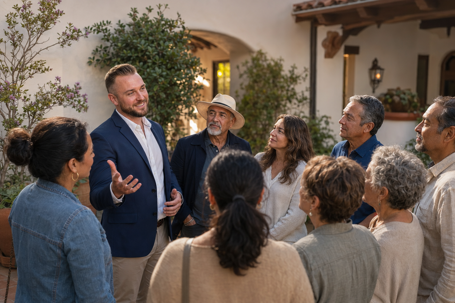 Candidate speaking with residents in a landscaped housing courtyard
