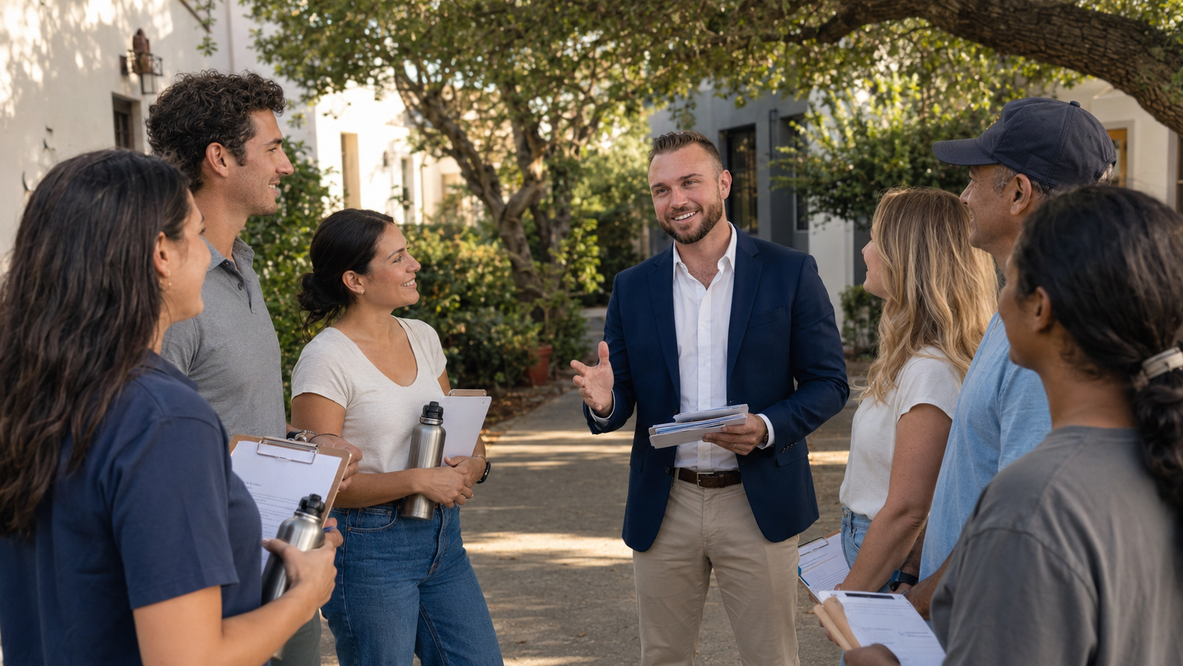Alexander Stoeber briefing a small volunteer group in a neighborhood setting