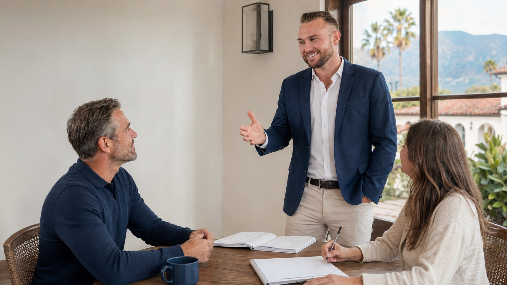 Alexander Stoeber discussing written plans with two people at a meeting table