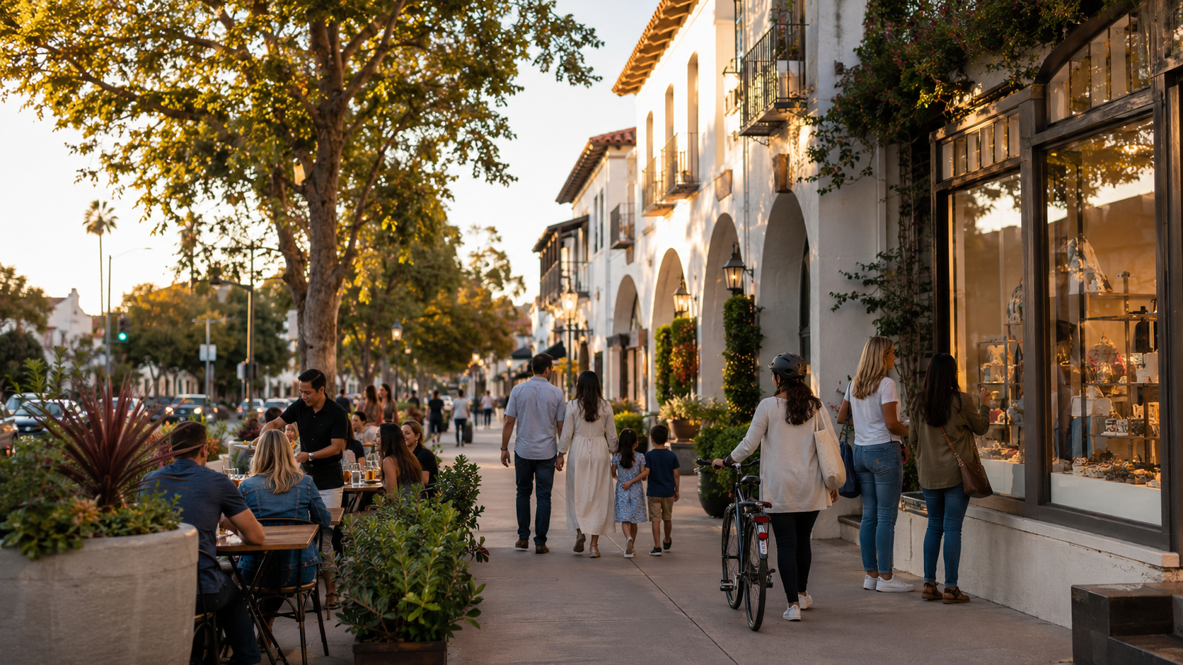 People walking, dining, and shopping along an active downtown street