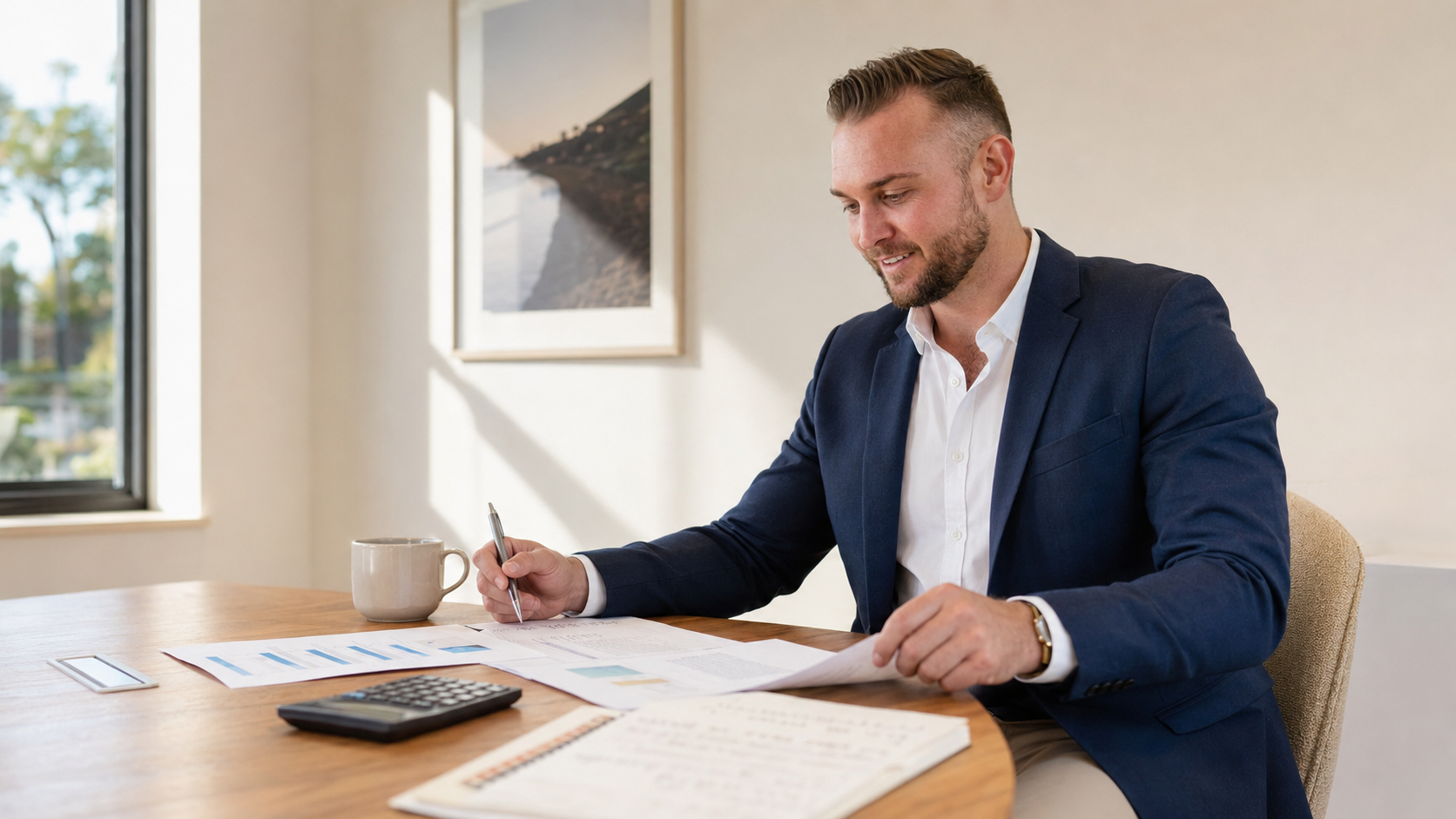 Alexander Stoeber reviewing budget charts, notes, and financial documents at a table