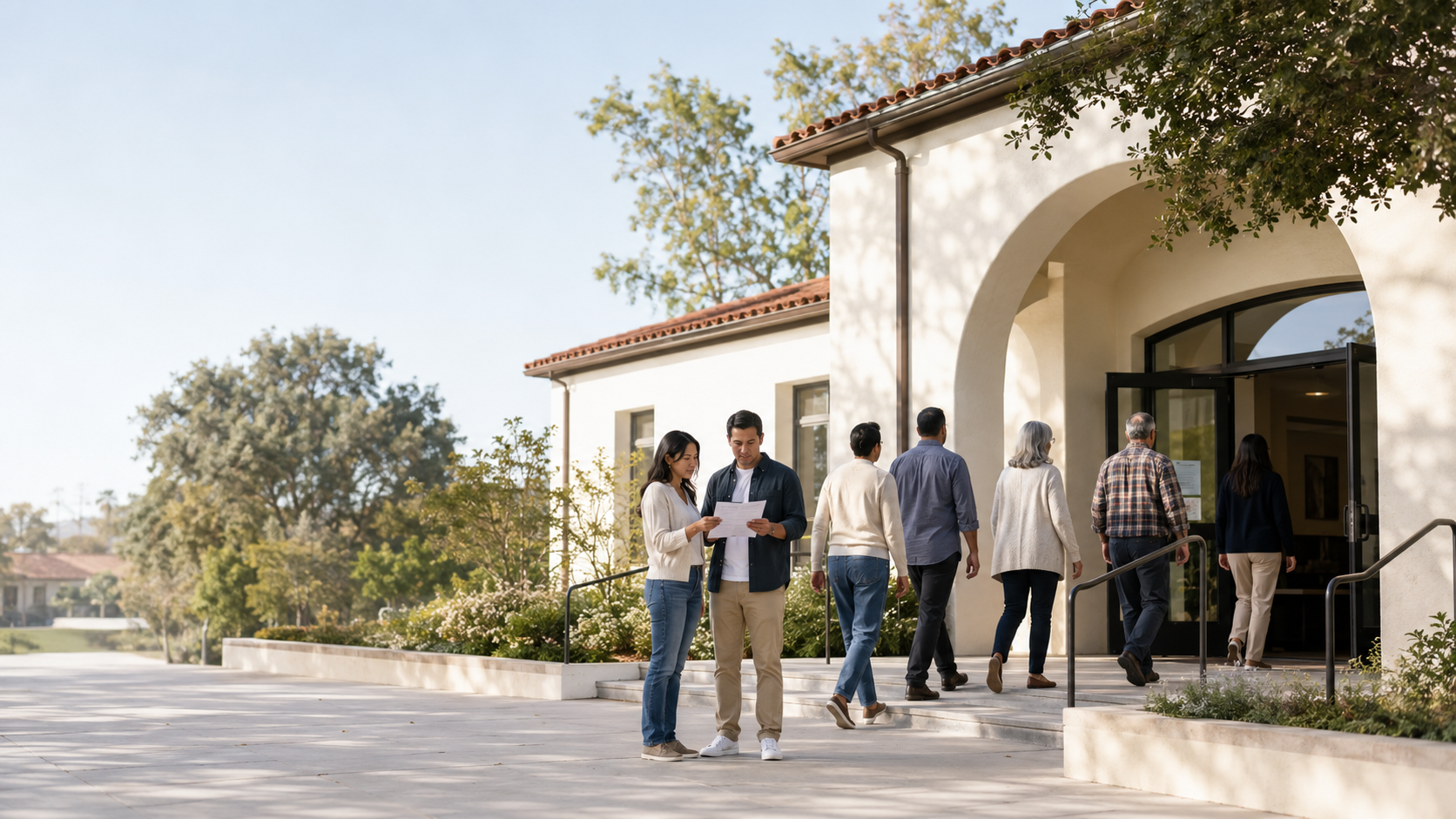 Community members gathering outside a Spanish Revival-style building