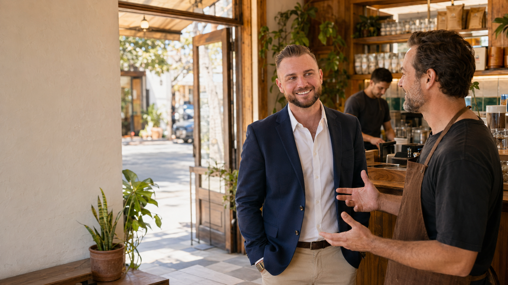 Alexander Stoeber speaking with a local business operator inside a storefront