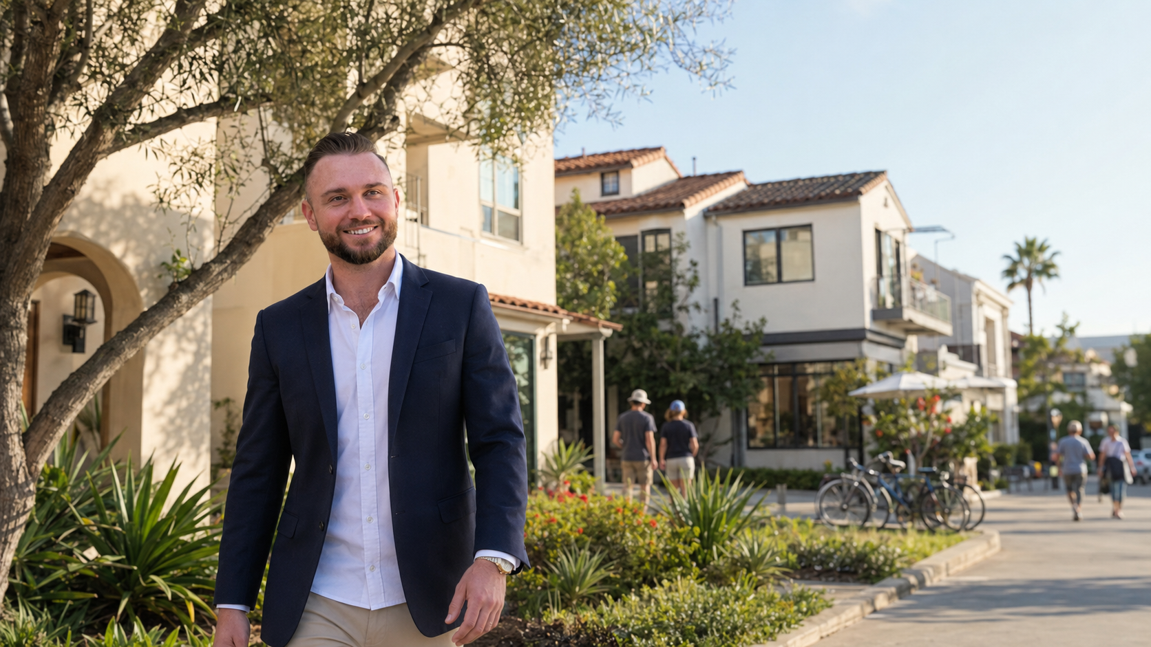 Alexander Stoeber beside human-scale apartments and a walkable neighborhood street