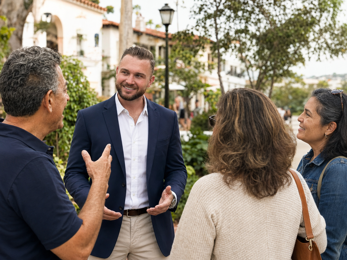 Alexander Stoeber speaking with three residents in an outdoor neighborhood setting