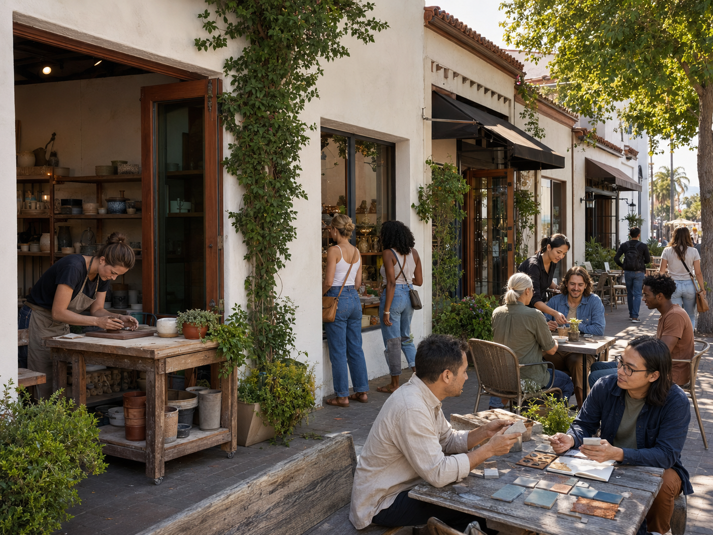 People working, shopping, and gathering outside active local storefronts