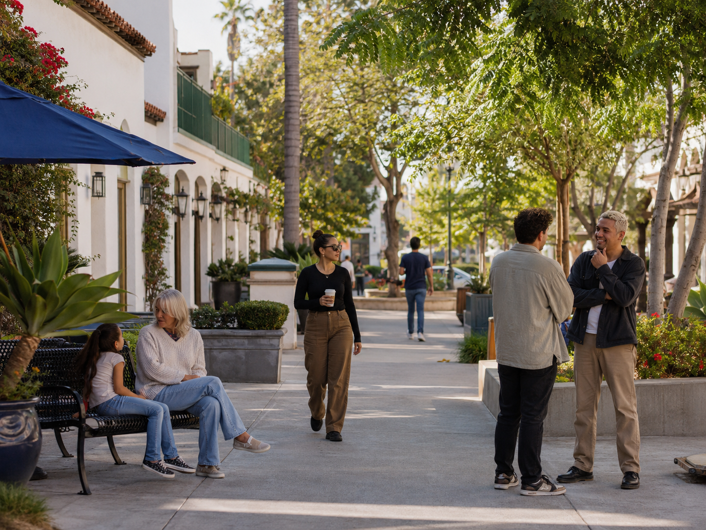 People walking and sitting along a shaded landscaped pedestrian promenade