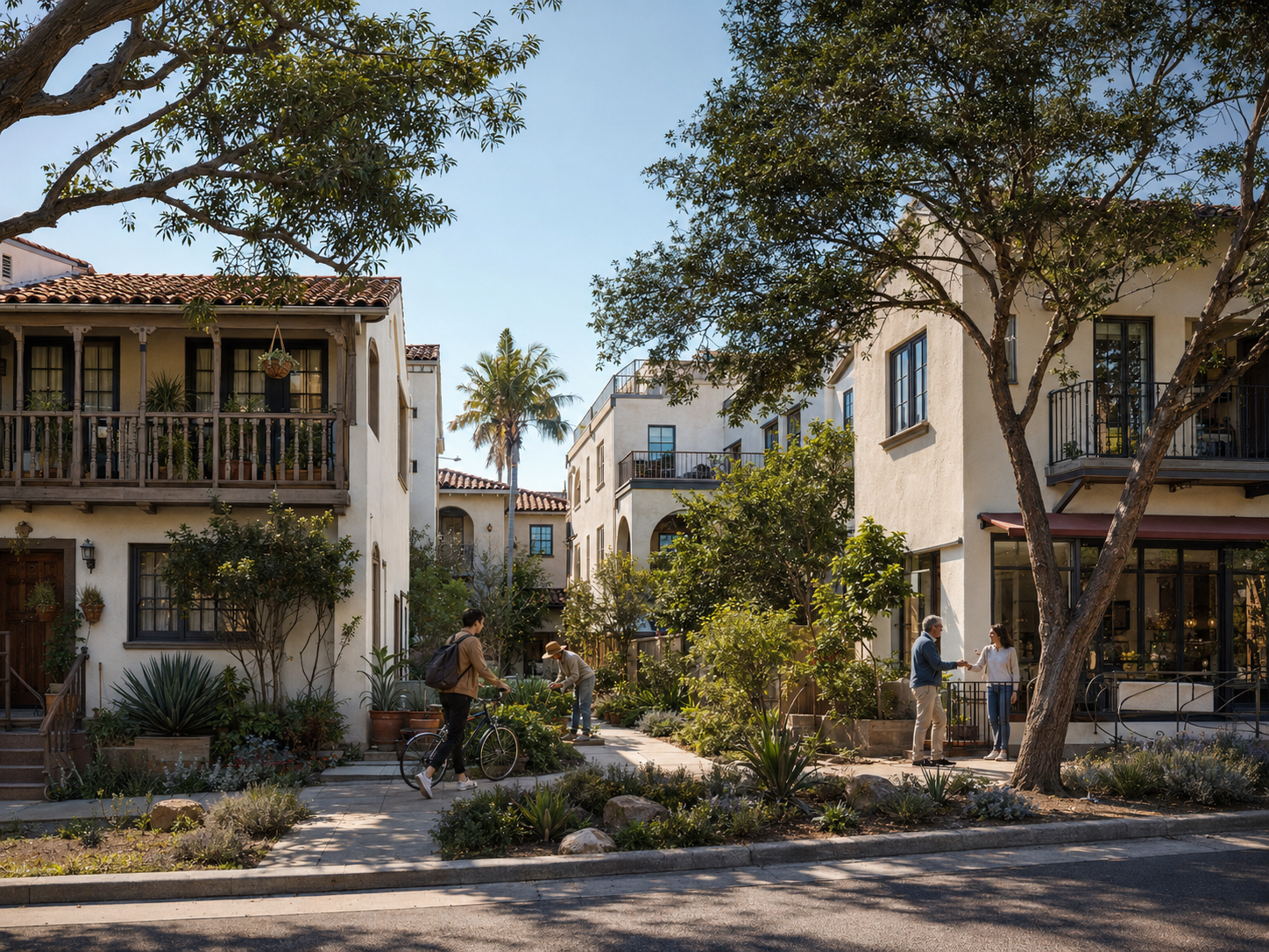 Human-scale apartments and mixed-use buildings along a landscaped walkable street