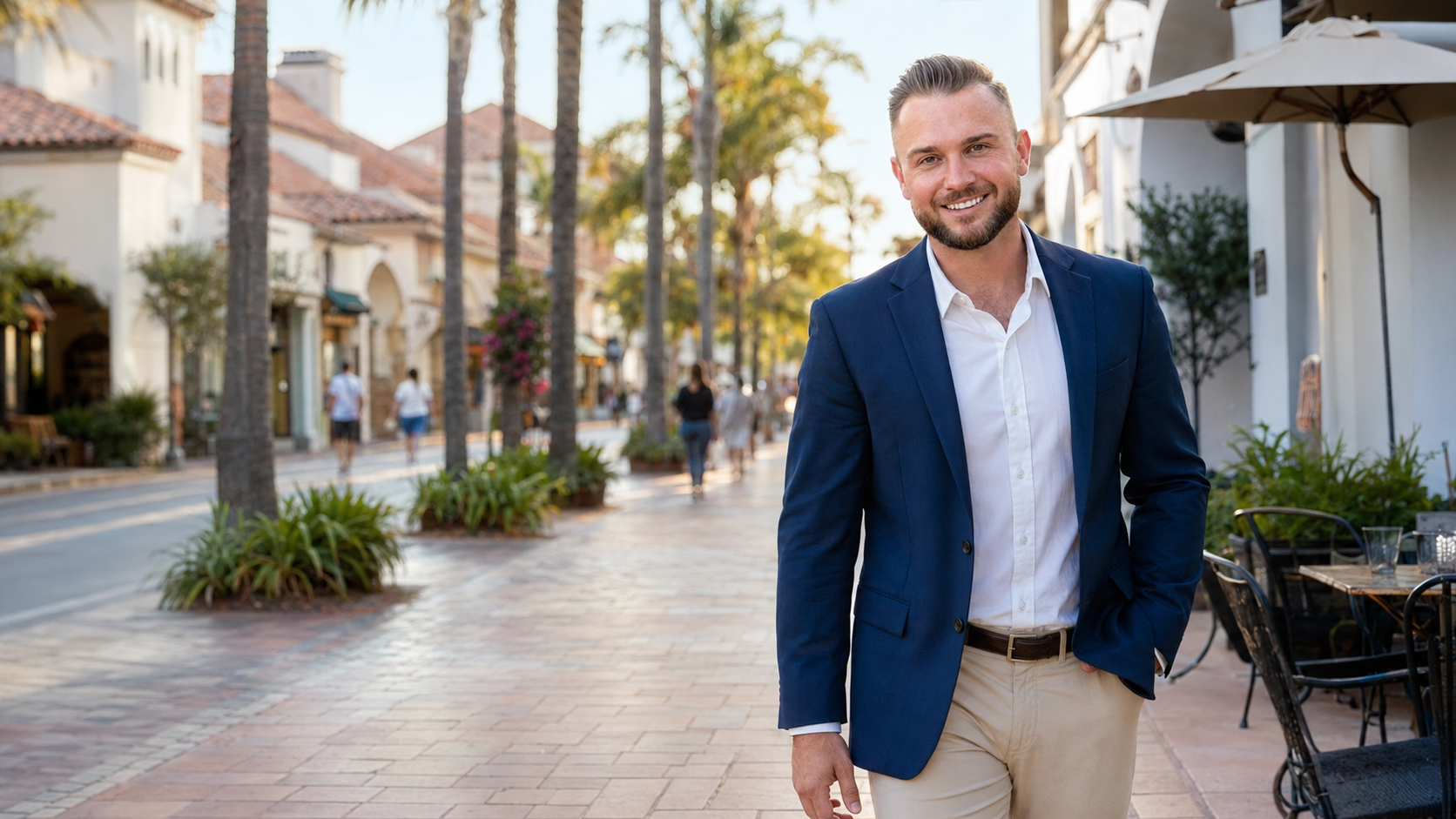 Alexander Stoeber standing on a palm-lined downtown pedestrian promenade
