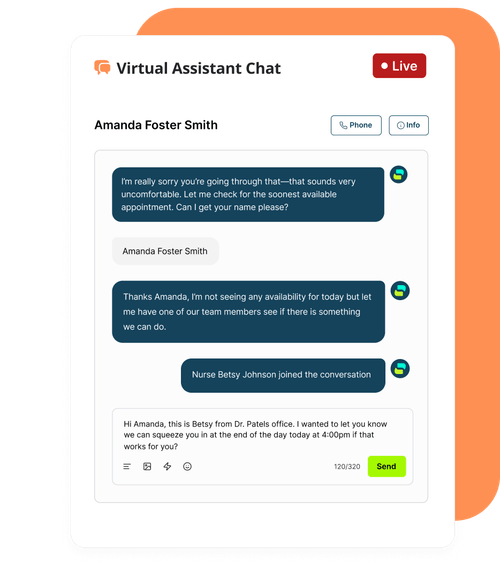 Sample chat interface showing the assistant checking availability, then bringing Nurse Betsy Johnson into the conversation with a patient.