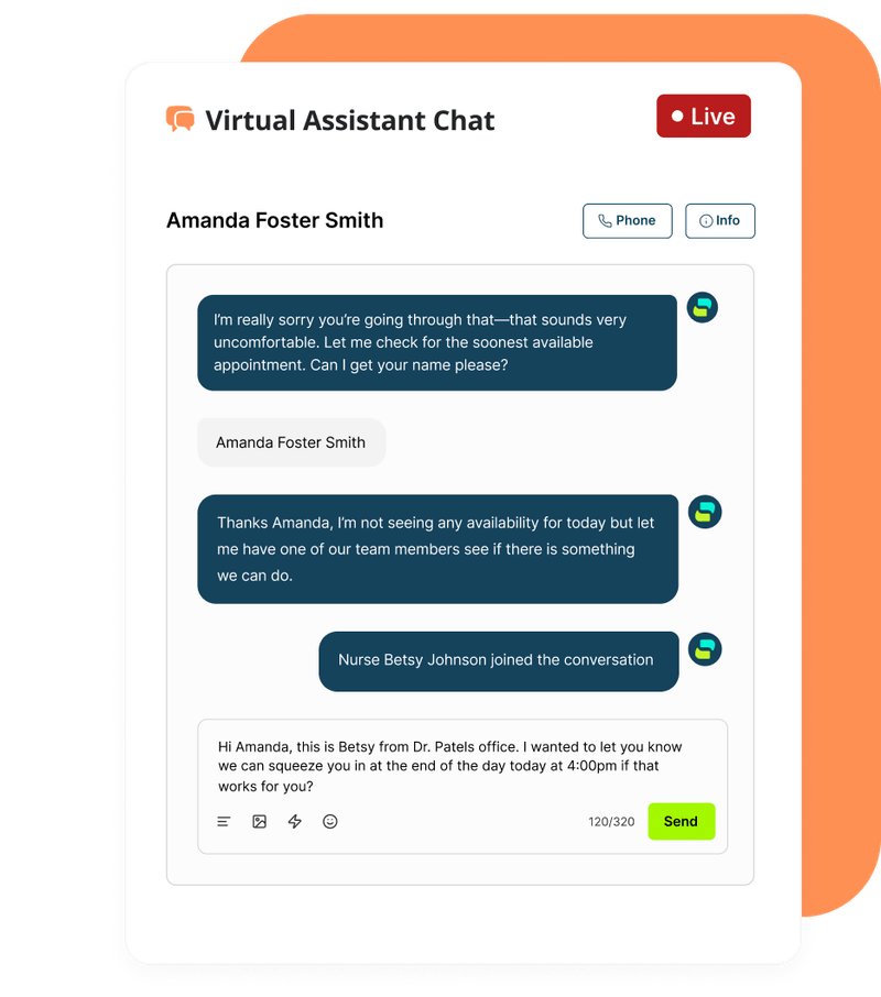 Sample AI Front Office chat: the assistant tells a patient no same-day slots are open, then brings a staff member, Nurse Betsy Johnson, into the conversation to offer a 4pm opening.