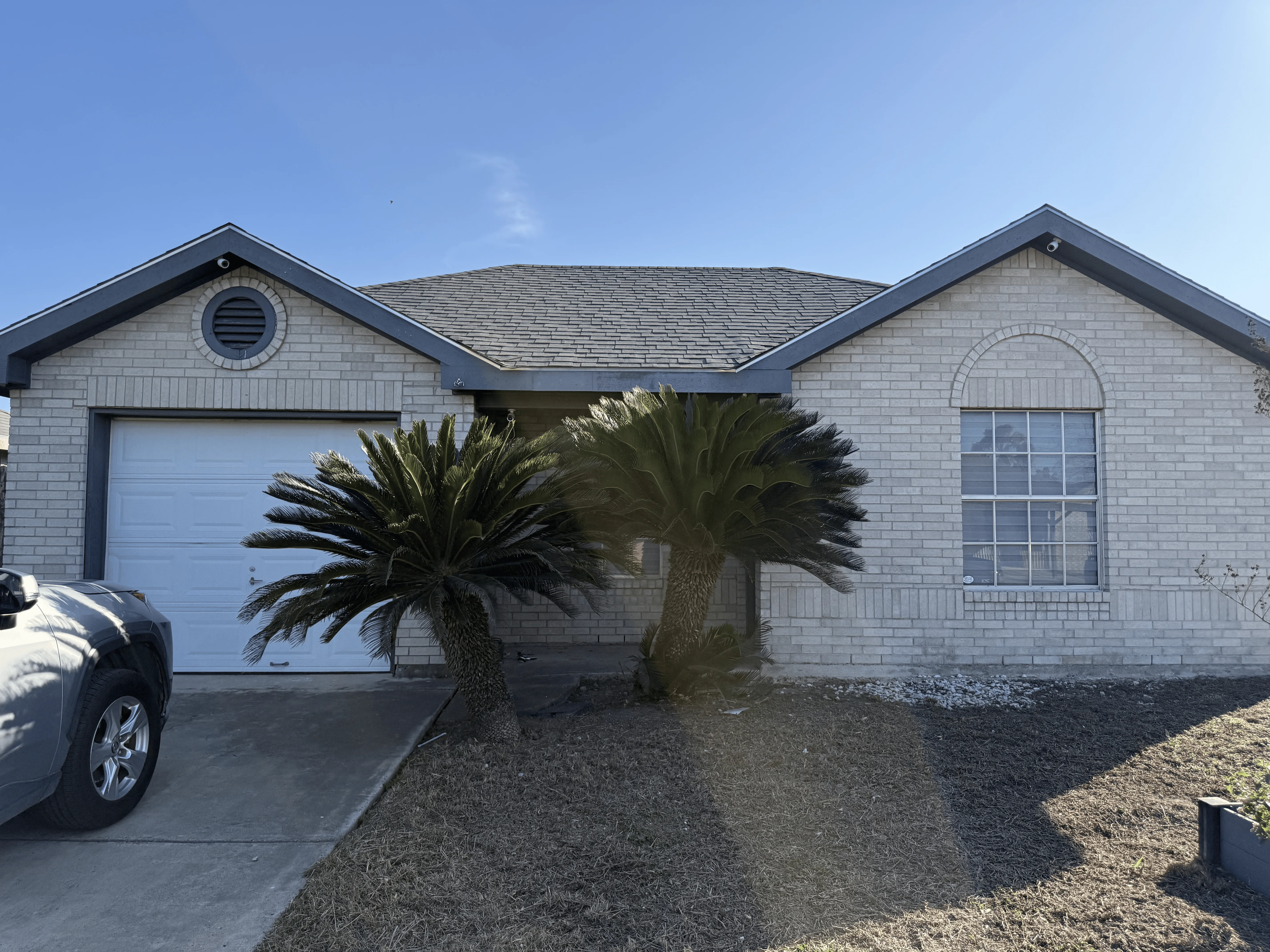 A light brick house with a gray roof and two small palm trees centered in front of it under a clear blue sky.