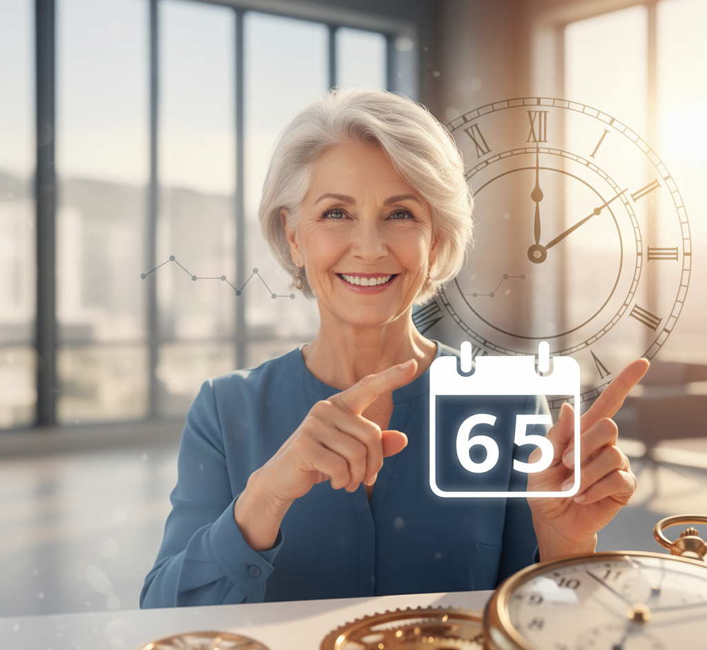 Mujer sonriendo señalando un ícono de calendario con el número 65