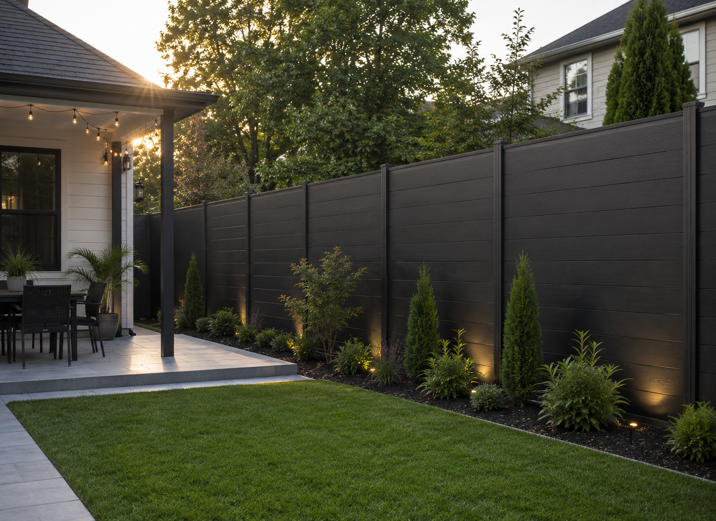 Charcoal black WPC composite fence backyard view by Normfence
