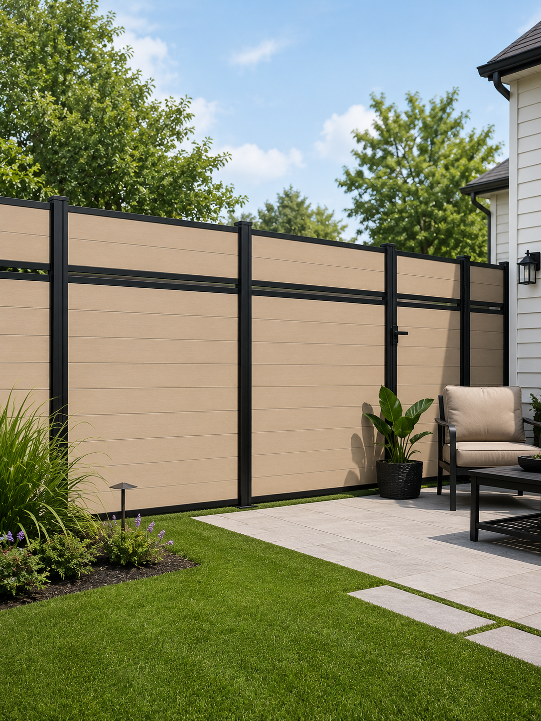 Charcoal black WPC composite fence backyard view by Normfence