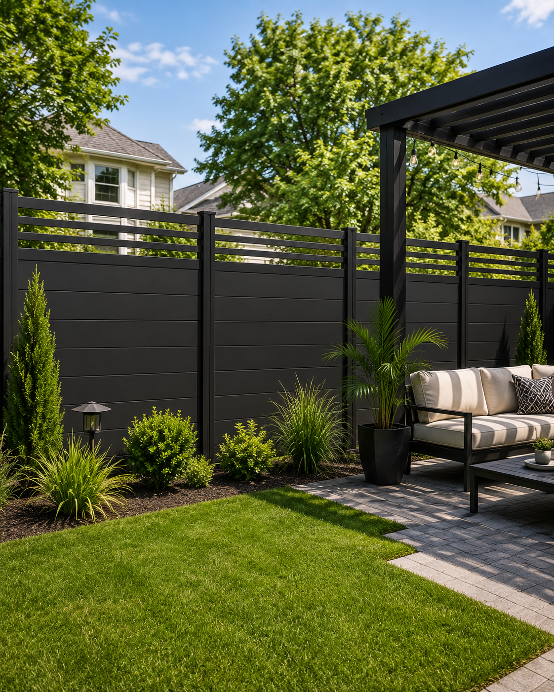 Charcoal black WPC composite fence backyard view by Normfence