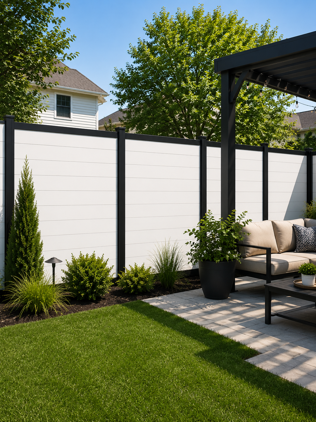 Charcoal black WPC composite fence backyard view by Normfence