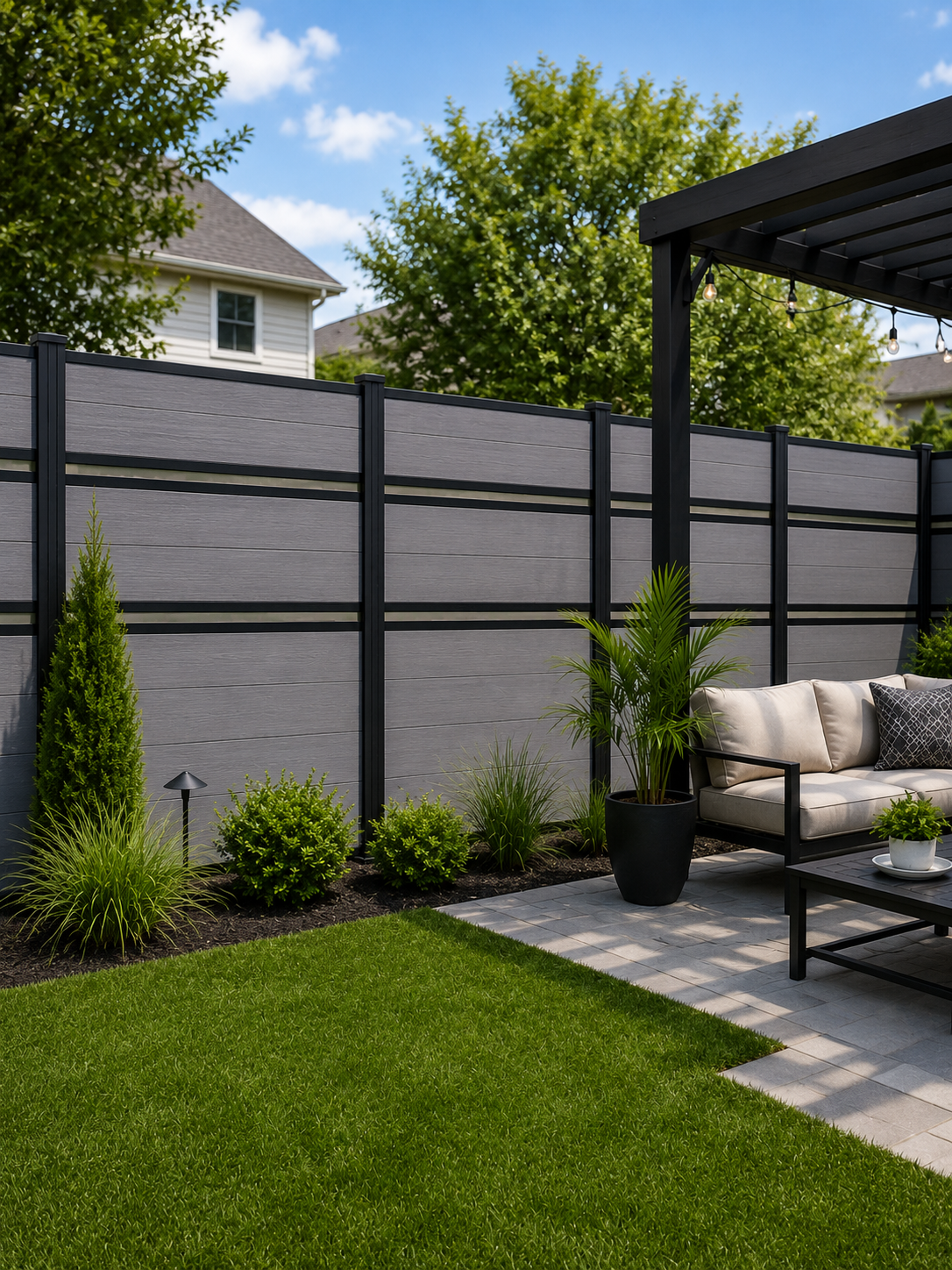 Charcoal black WPC composite fence backyard view by Normfence