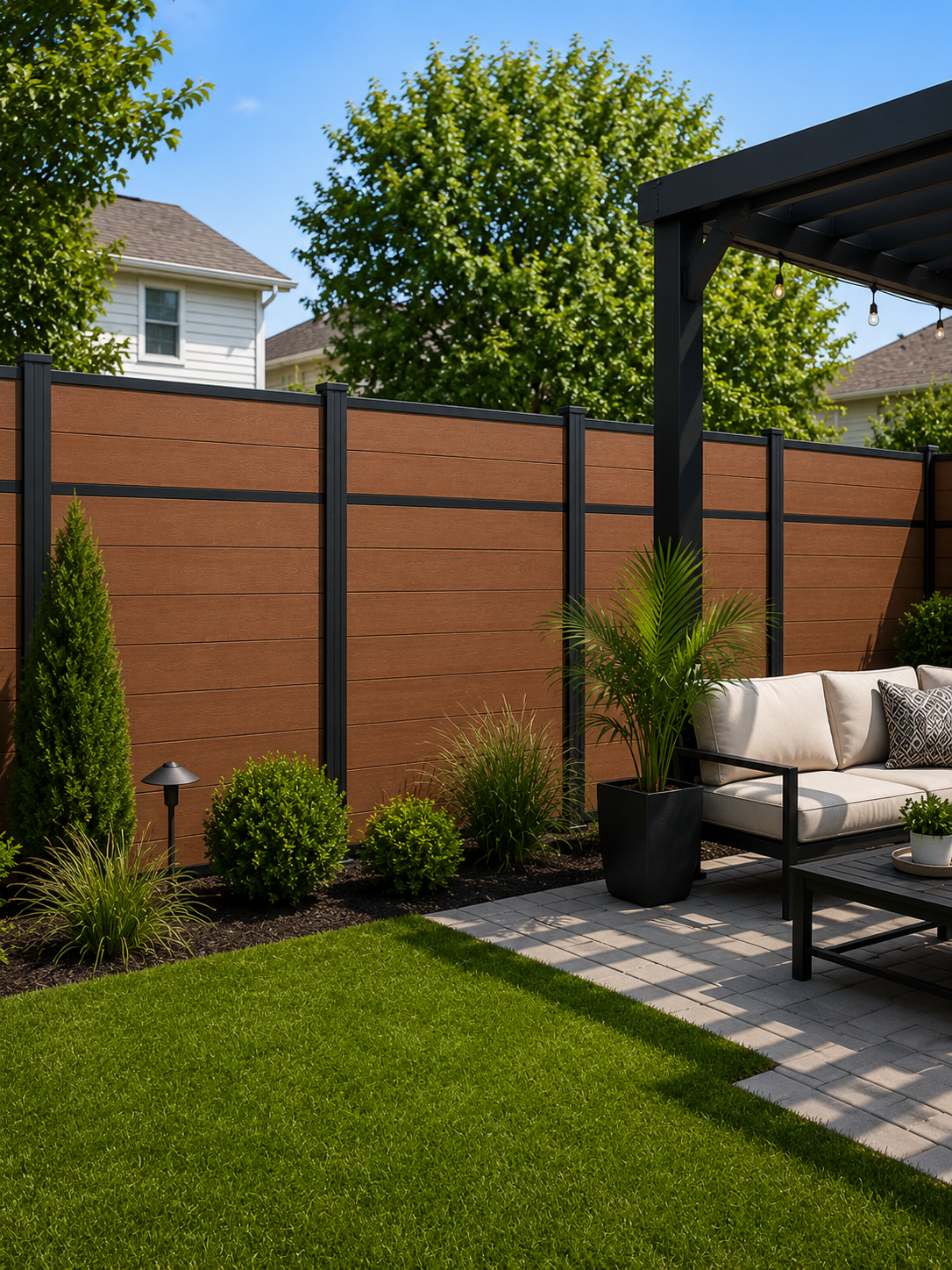 Charcoal black WPC composite fence backyard view by Normfence