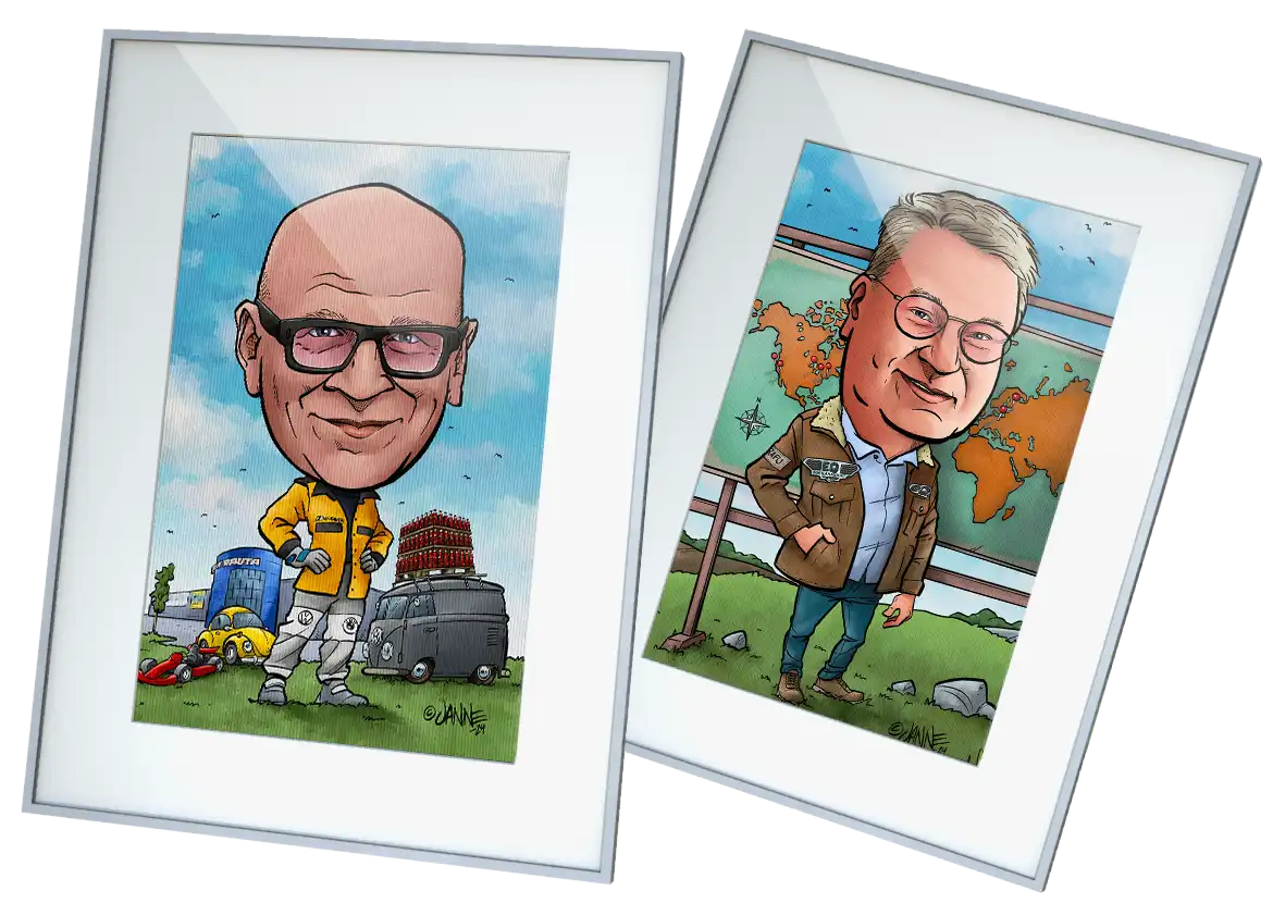 Käsin piirretty karikatyyri kehystettynä seinällä, signeerattu taideteos