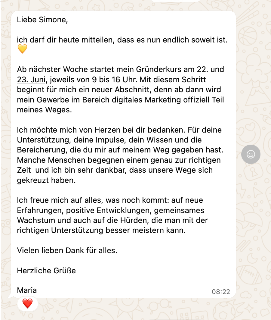WhatsApp-Nachricht von Maria: Dank für die Begleitung, ihr Gründerkurs startet