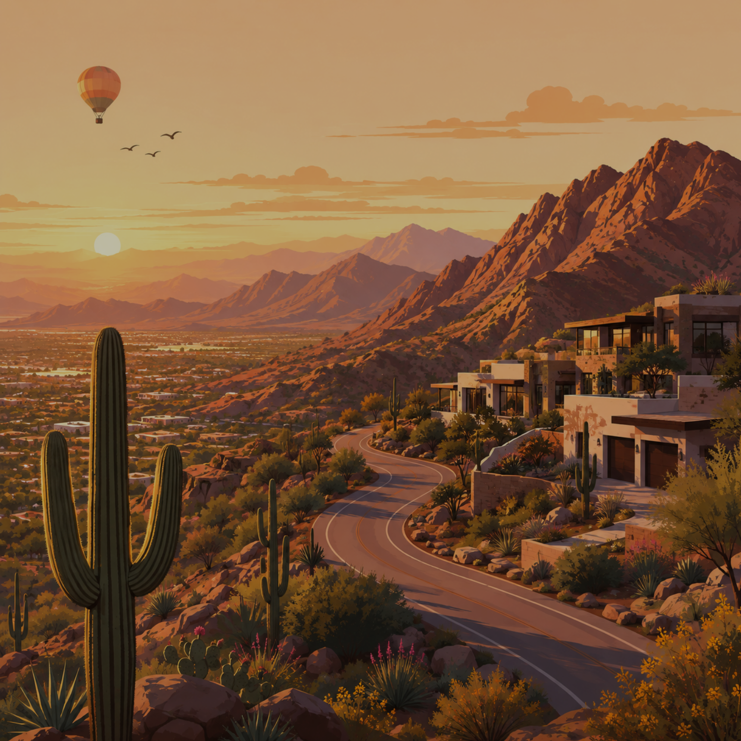 Thumbnail illustration of a desert landscape with mountains, houses, cacti, a winding road, and a hot air balloon at sunset.