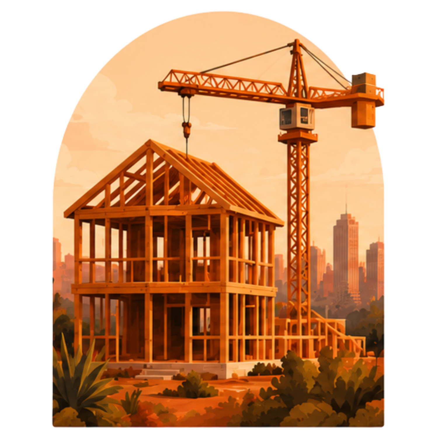 Arched vector illustration of a wooden house frame under construction with a yellow crane in the background.