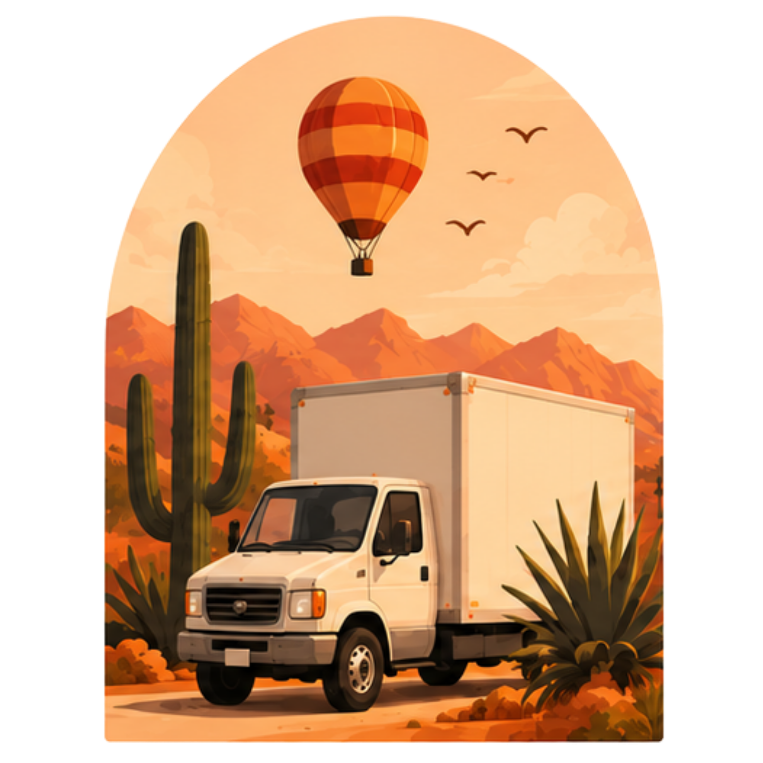 Arched vector illustration of a white delivery van parked in front of mountains with a hot air balloon in the sky.