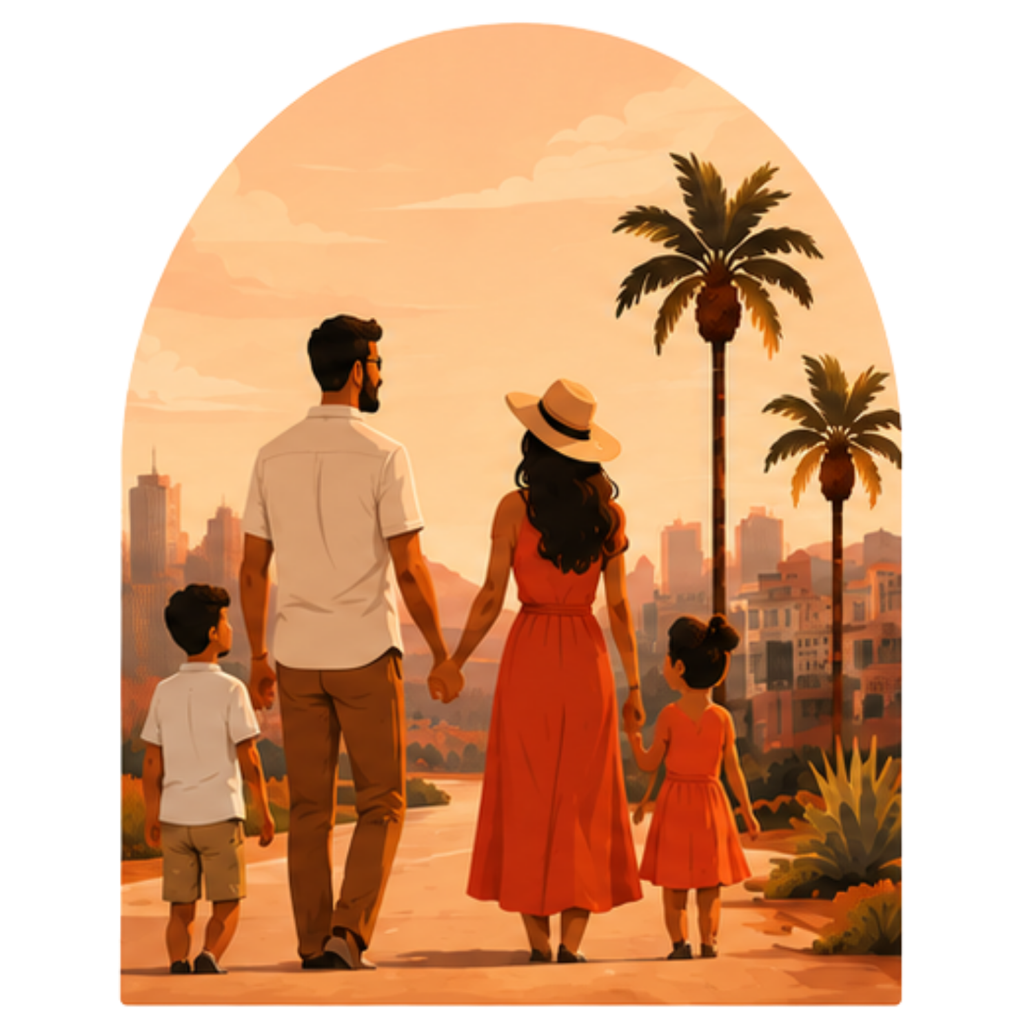 Arched vector illustration of a family walking towards a park area with palm trees and a city skyline.