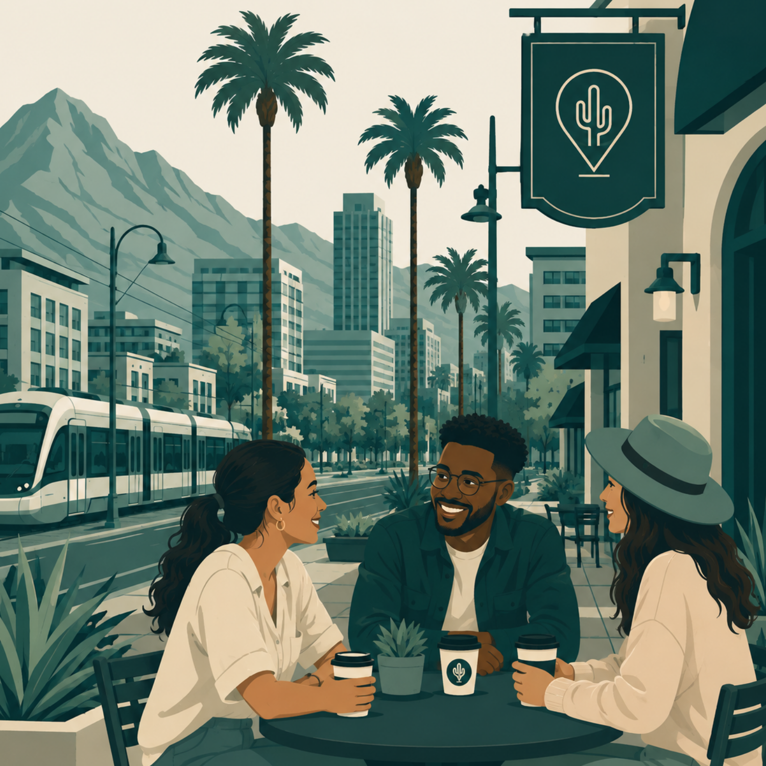 Vector illustration of a man and woman sitting at a cafe table chatting over coffee, with a light rail train, palm trees, and city buildings in the background.