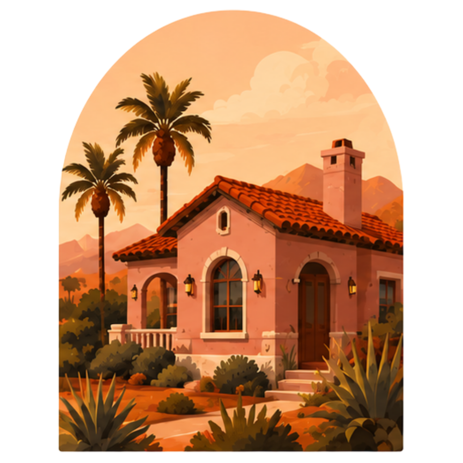 Arched vector illustration of a classic southwestern stucco home with a red tile roof and mature landscaping.