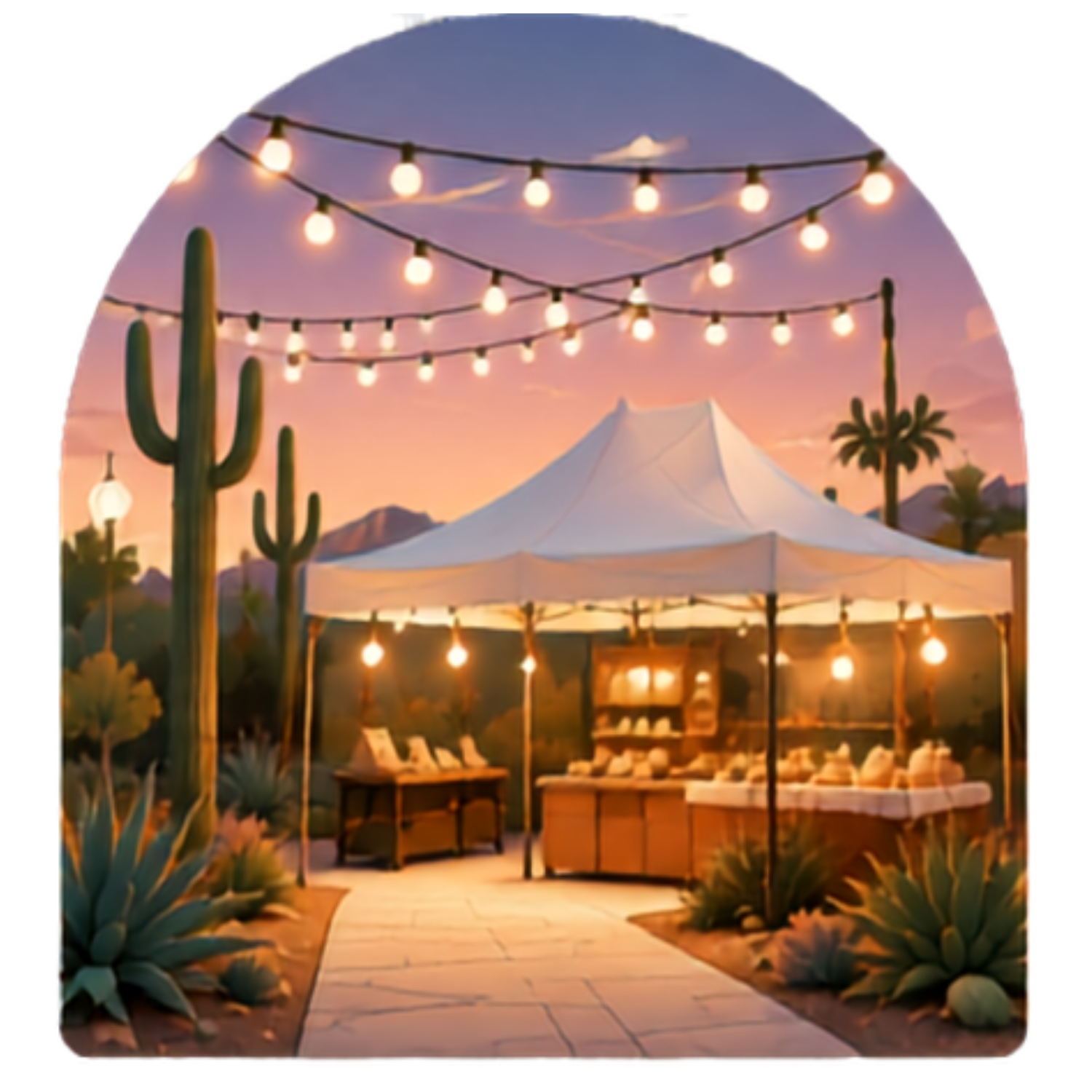 Arched illustration of an evening outdoor market or event with a white tent, string lights, and cacti