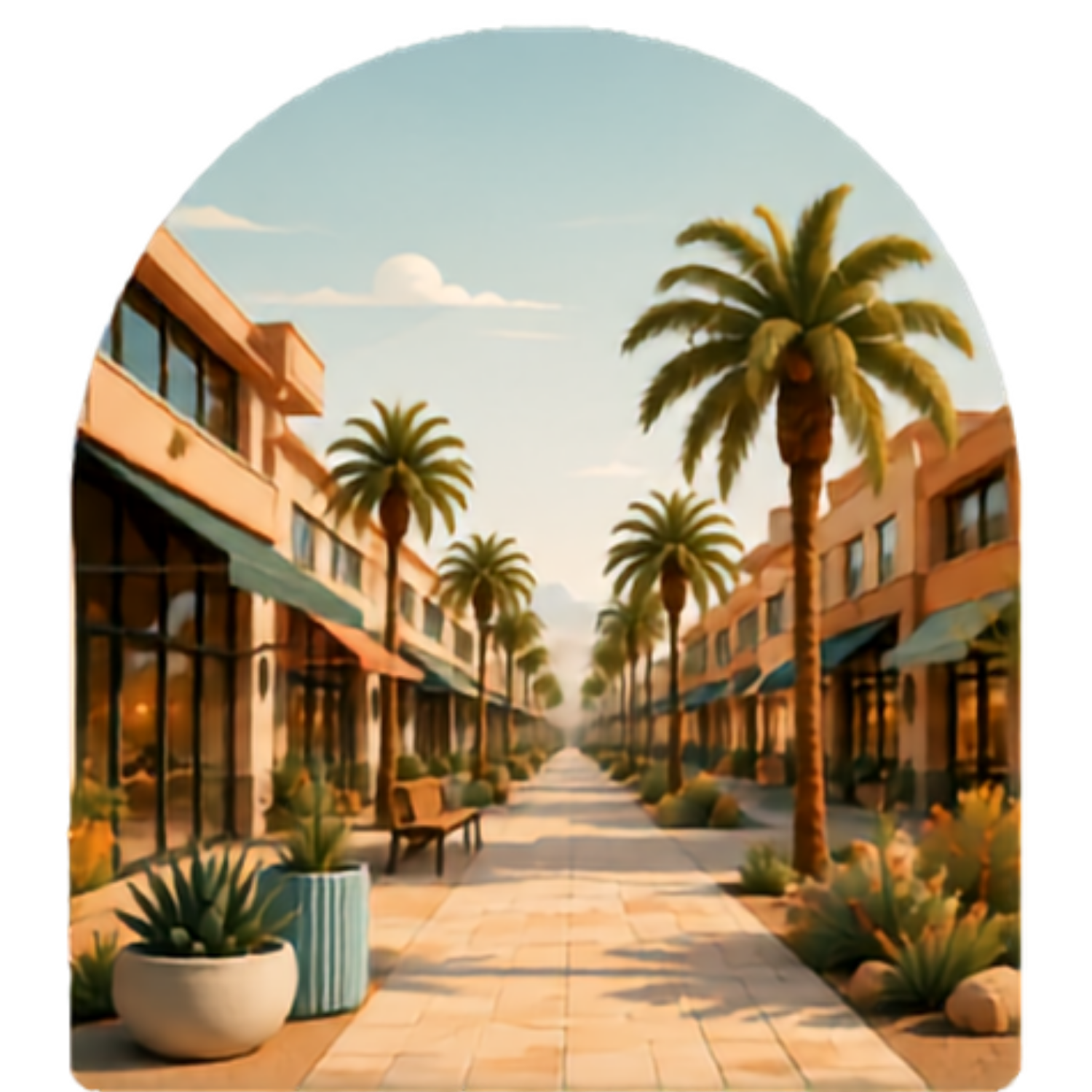 Arched illustration showing an outdoor shopping plaza with palm trees on a sunny day